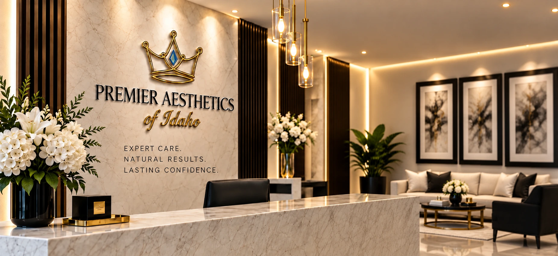 The Premier Aesthetics of Idaho reception area, with the crown logo mounted on a marble wall