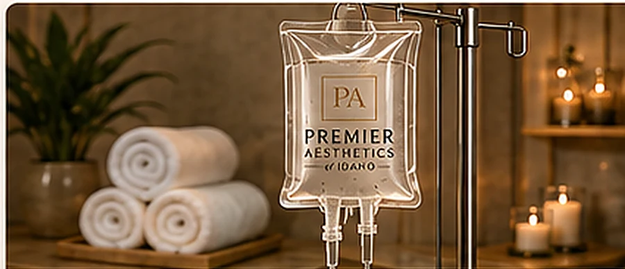 IV hydration bag with towels in a spa treatment room