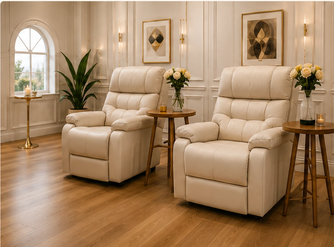 Premier Aesthetics treatment room with two cream recliner chairs