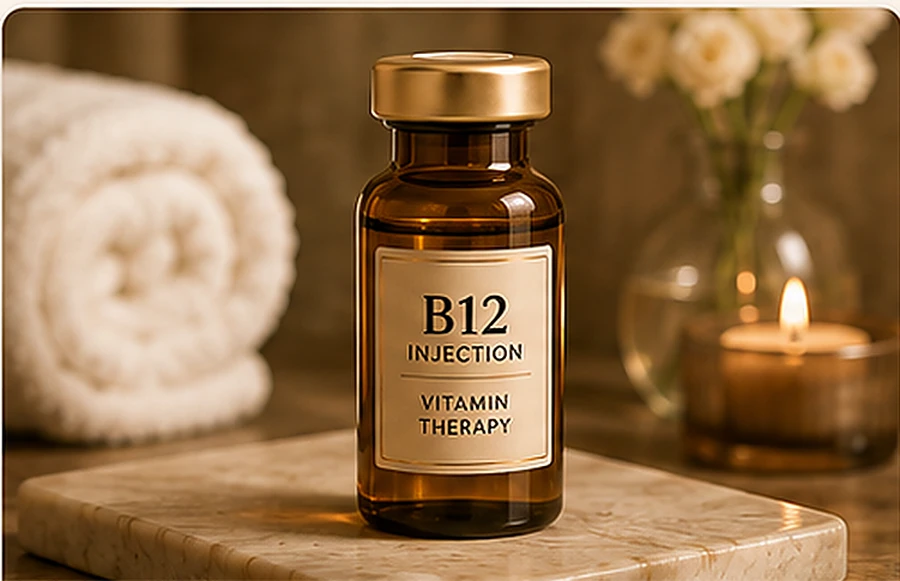 B12 injection vial in a Premier Aesthetics spa setting
