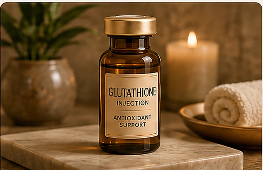 Glutathione injection vial in a warm spa setting