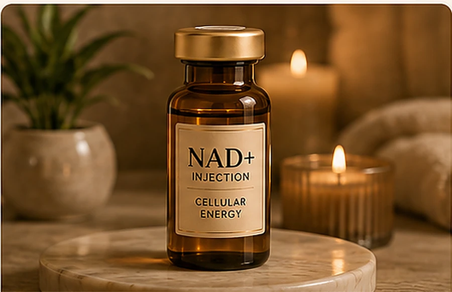 NAD plus injection vial in a Premier Aesthetics wellness setting