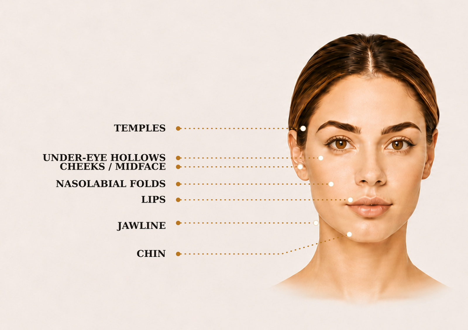 Facial balancing treatment areas: temples, under-eye hollows, cheeks, nasolabial folds, lips, jawline, and chin