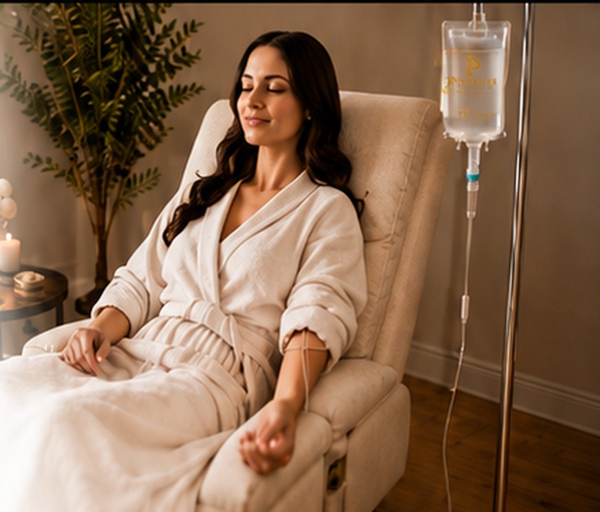 Client relaxing in a recliner during IV wellness therapy
