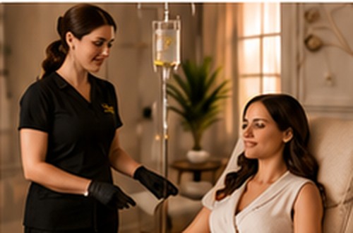 Nurse providing mobile IV hydration to a client at home